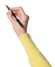 Photo of Woman holding pen on white background, closeup of hand
