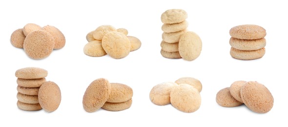 Image of Set with tasty sugar cookies on white background. Banner design