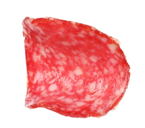 Photo of Cut fresh tasty sausage on white background