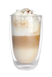 Photo of Delicious latte with whipped cream in glass isolated on white