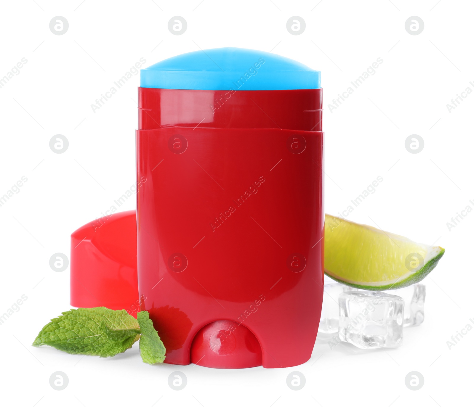 Photo of Natural male deodorant with ice and mint on white background