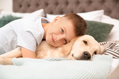 Cute little child with his pet on bed at home