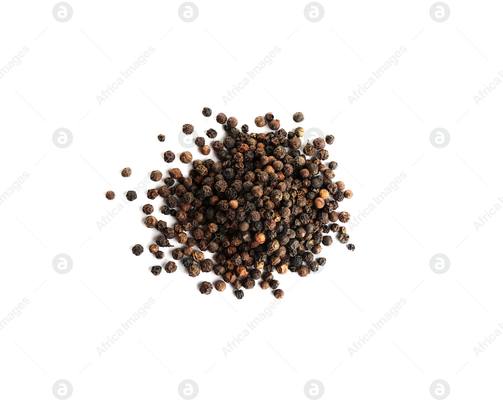 Photo of Heap of black peppercorns isolated on white, top view