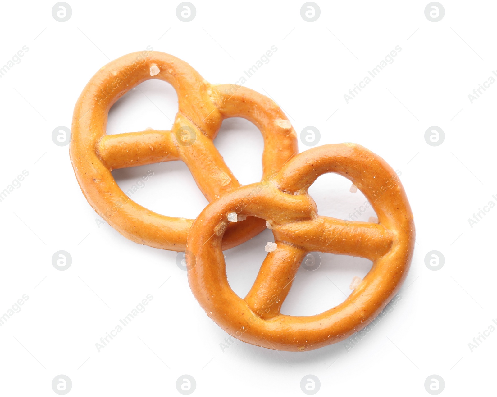 Photo of Delicious crispy pretzel crackers isolated on white, top view