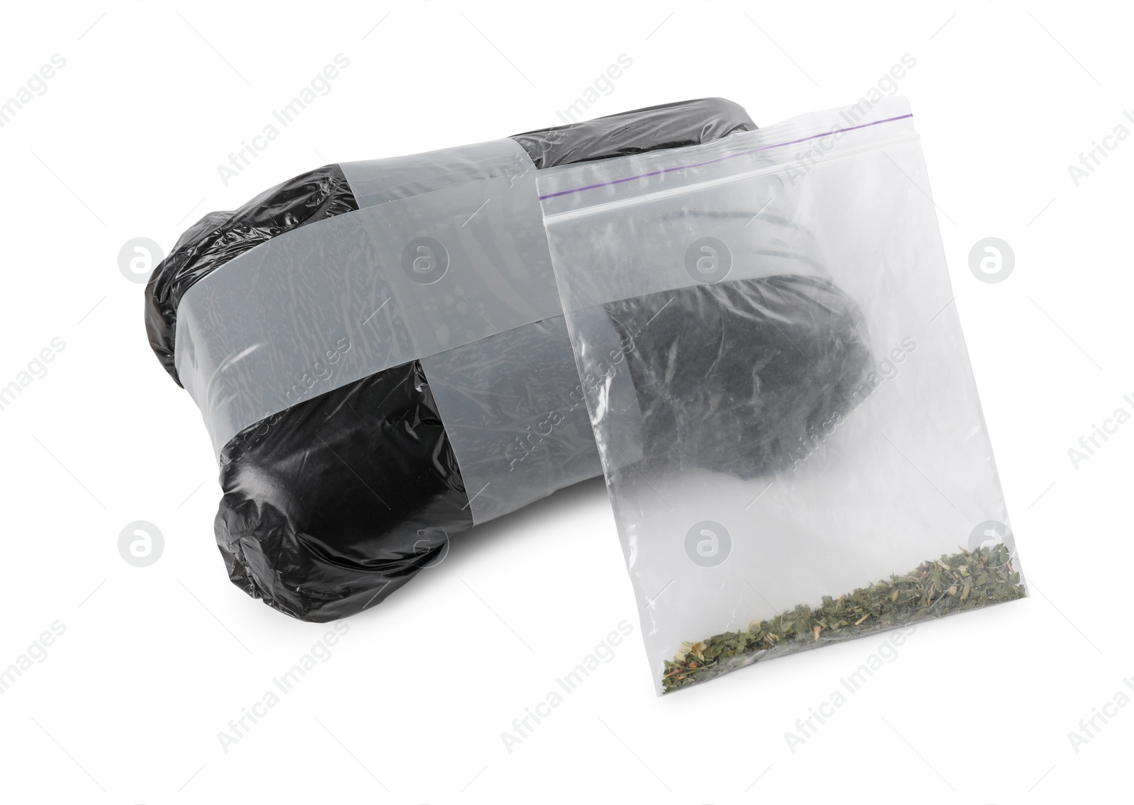 Photo of Packages with narcotics isolated on white. Drug addiction