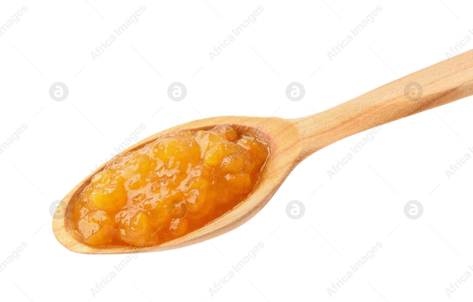 Photo of Wooden spoon with tasty apricot jam isolated on white