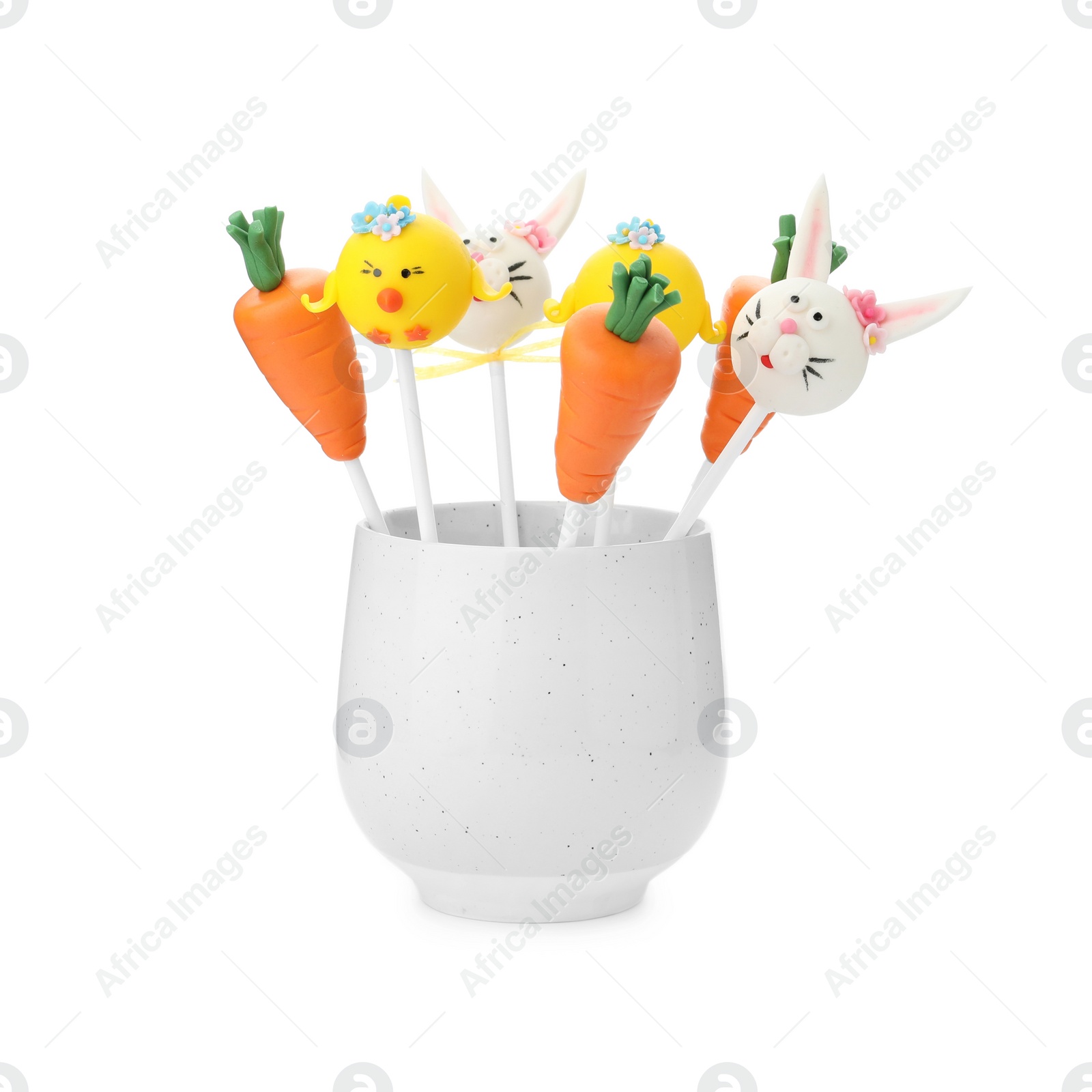 Photo of Different delicious cake pops on white background. Easter holiday