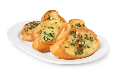 Plate with tasty homemade garlic bread isolated on white