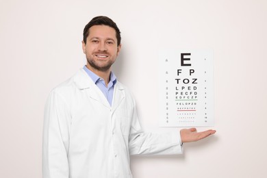 Ophthalmologist showing vision test chart on white wall