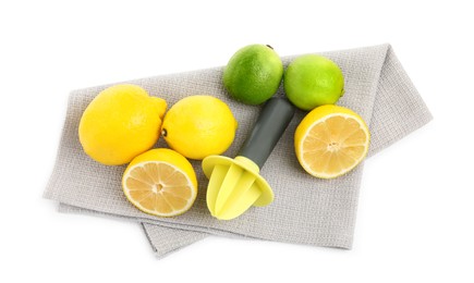 Photo of Plastic juicer, fresh lime and lemons on white background, top view