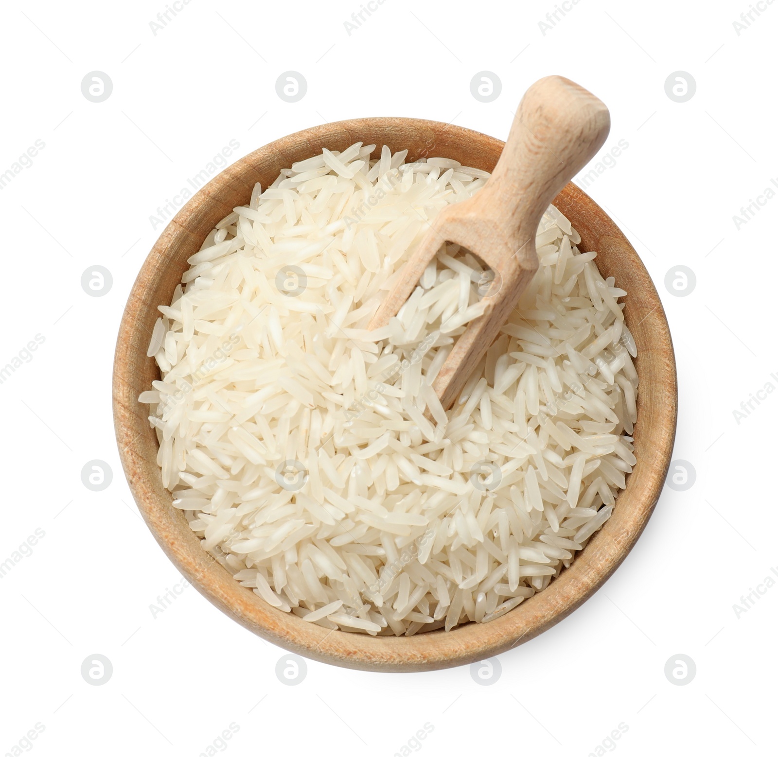 Photo of Raw basmati rice in bowl and scoop isolated on white, top view