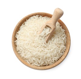 Photo of Raw basmati rice in bowl and scoop isolated on white, top view