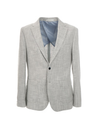 Photo of Stylish suit jacket on mannequin against white background. Men's clothes