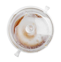 Photo of Dirty glass pot with lid on white background, top view