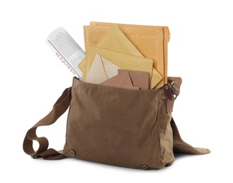 Brown postman's bag with envelopes and newspaper on white background