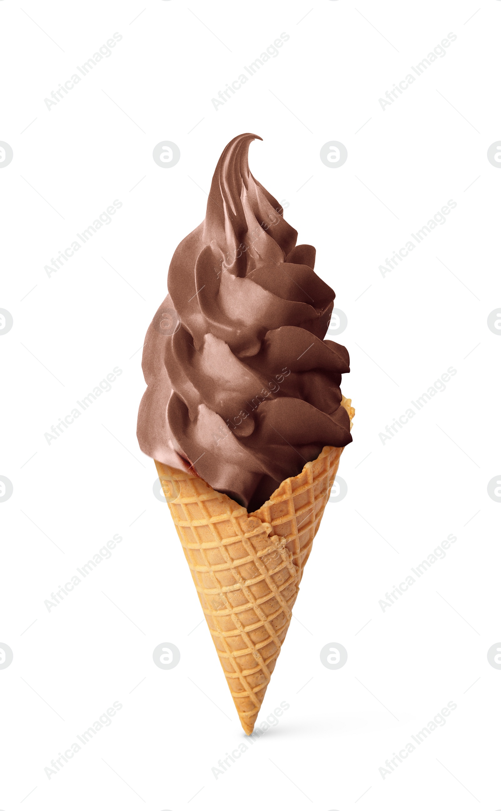 Image of Delicious soft serve chocolate ice cream in crispy cone isolated on white