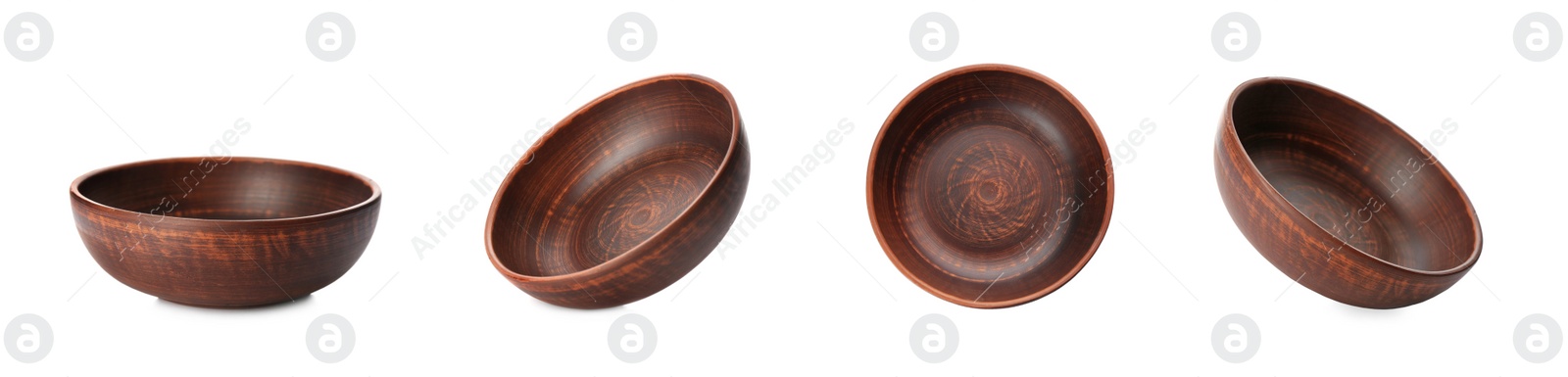 Image of Set with clay bowls on white background. Banner design 