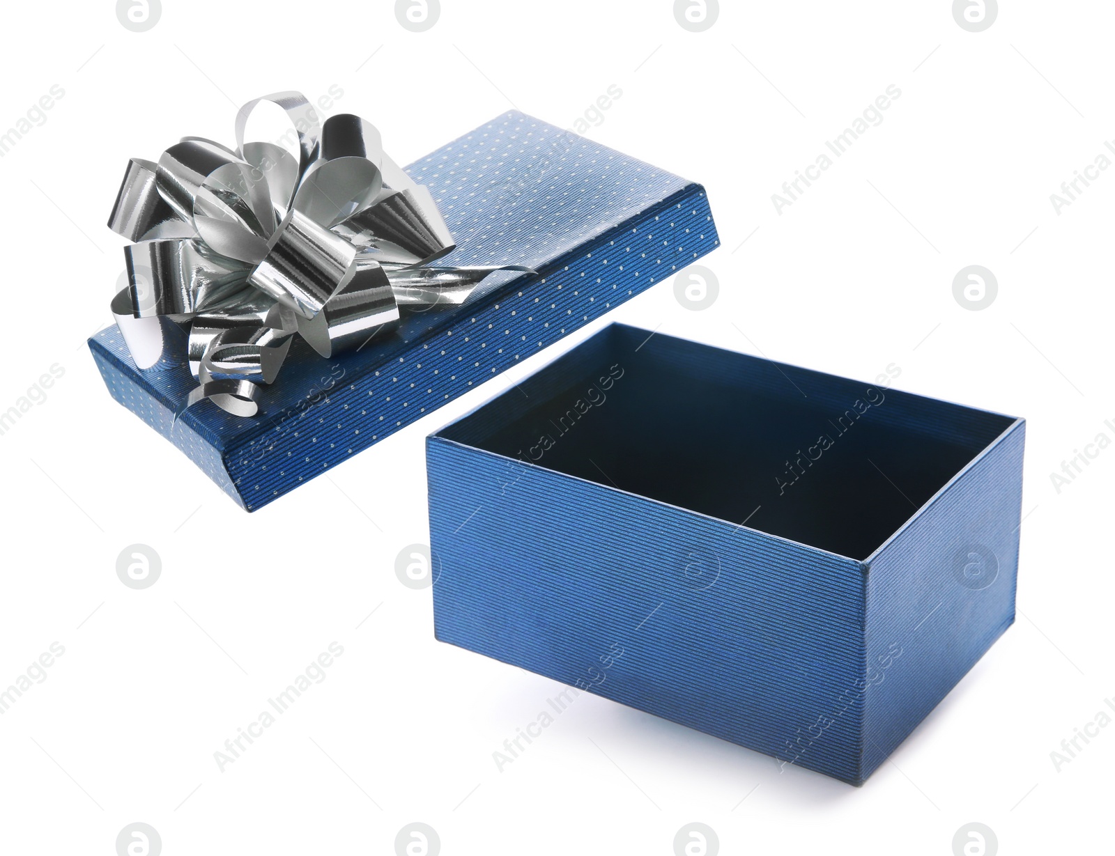 Photo of Open empty gift box with bow on white background