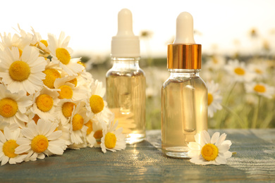 Photo of Bottles of essential oil and chamomiles on blue wooden table in field