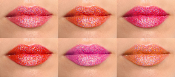 Image of Woman with different color lipsticks, collage. Banner design