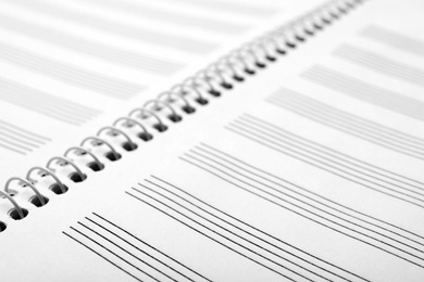Notebook with empty staves for music notes as background, closeup
