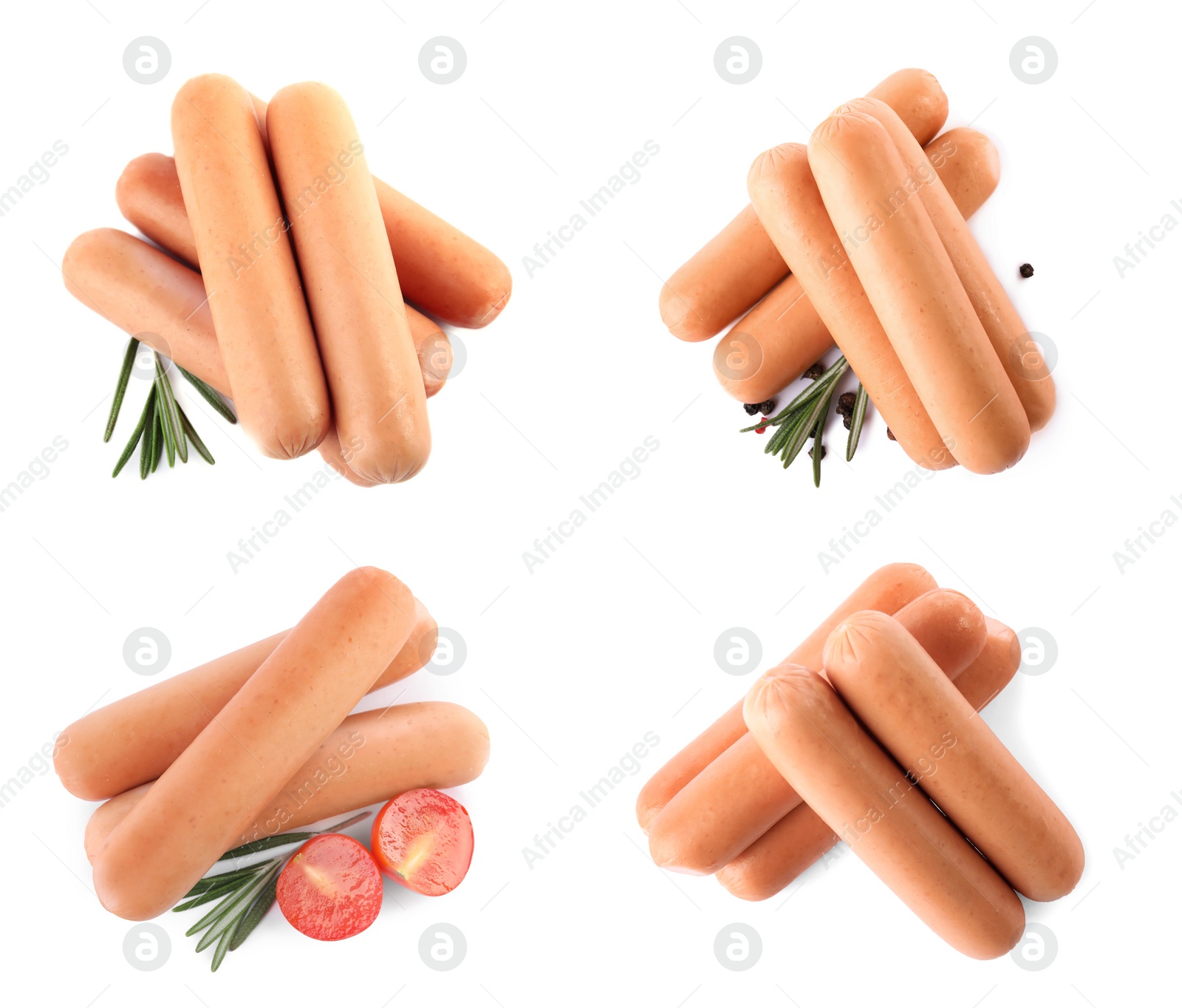 Image of Set with tasty sausages on white background, top view