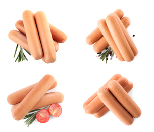 Image of Set with tasty sausages on white background, top view