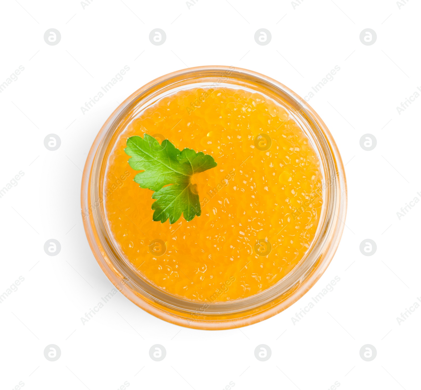Photo of Fresh pike caviar in glass jar isolated on white, top view