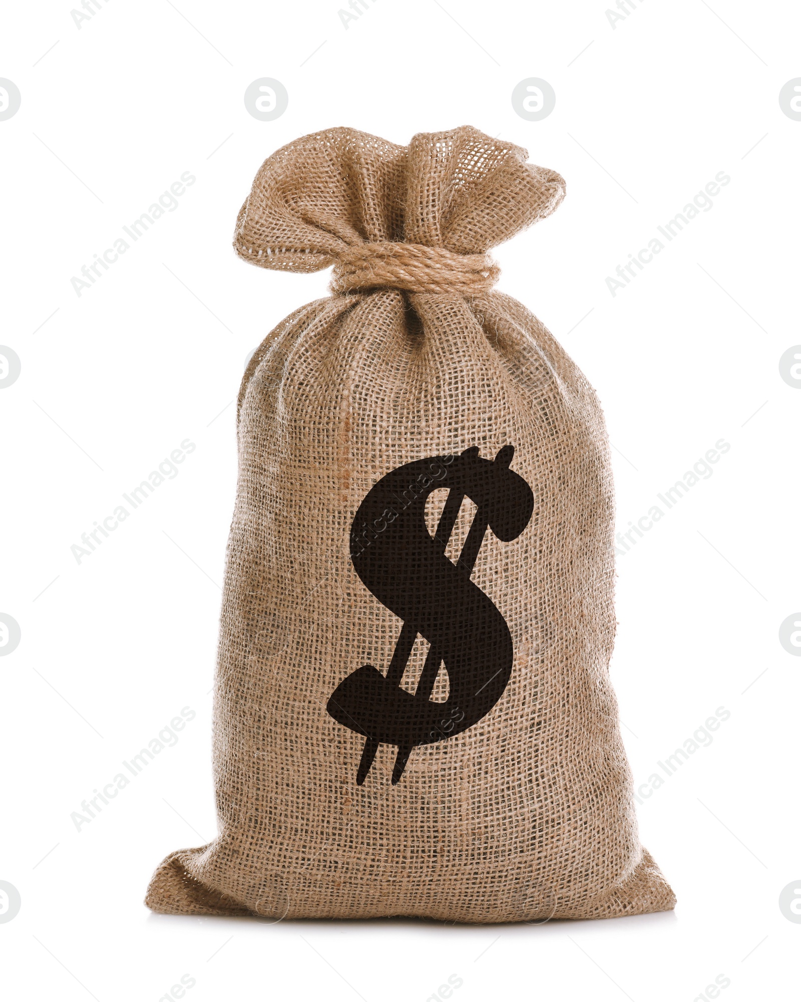 Image of Burlap bag with dollar sign on white background