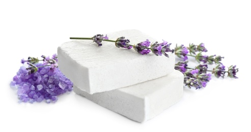 Hand made soap bars with lavender flowers and bath salt on white background
