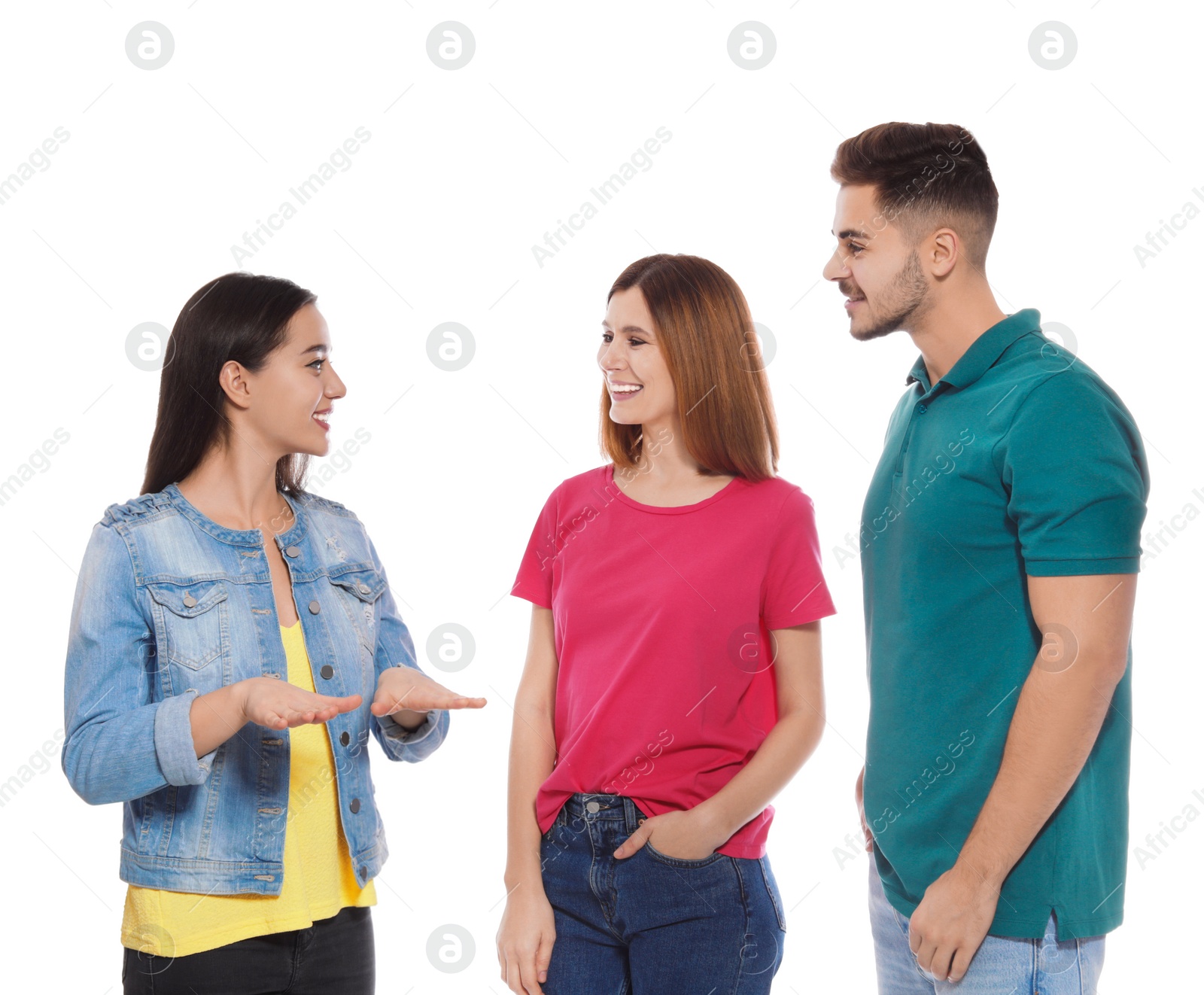 Photo of Hearing impaired friends using sign language for communication isolated on white