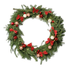 Photo of Beautiful Christmas wreath with festive decor isolated on white, top view