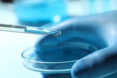 Doctor dripping liquid from pipette into petri dish on blurred background, closeup. Laboratory analysis