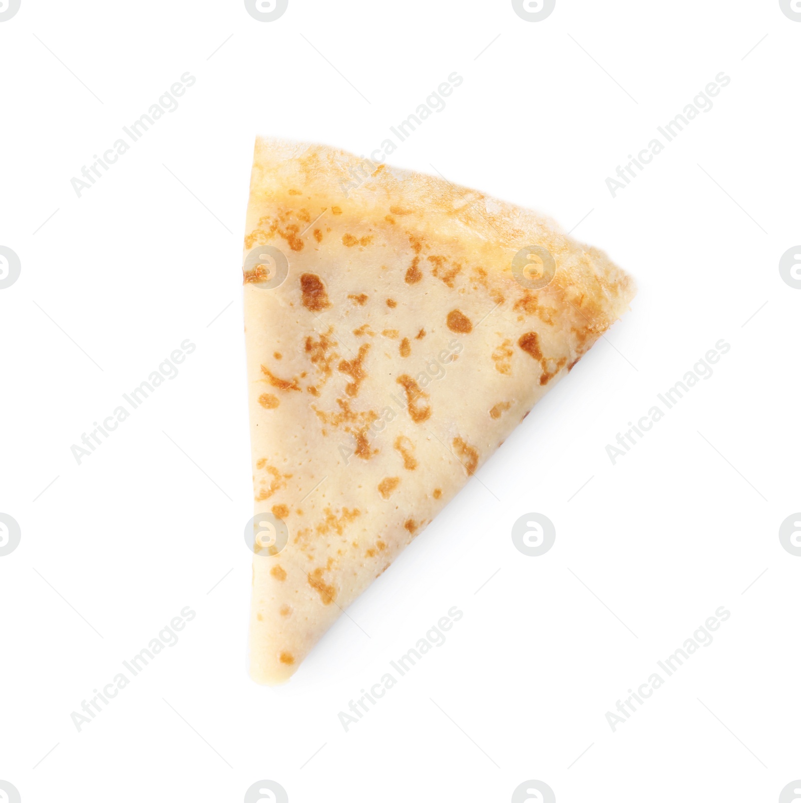 Photo of Tasty thin folded pancake on white background, top view