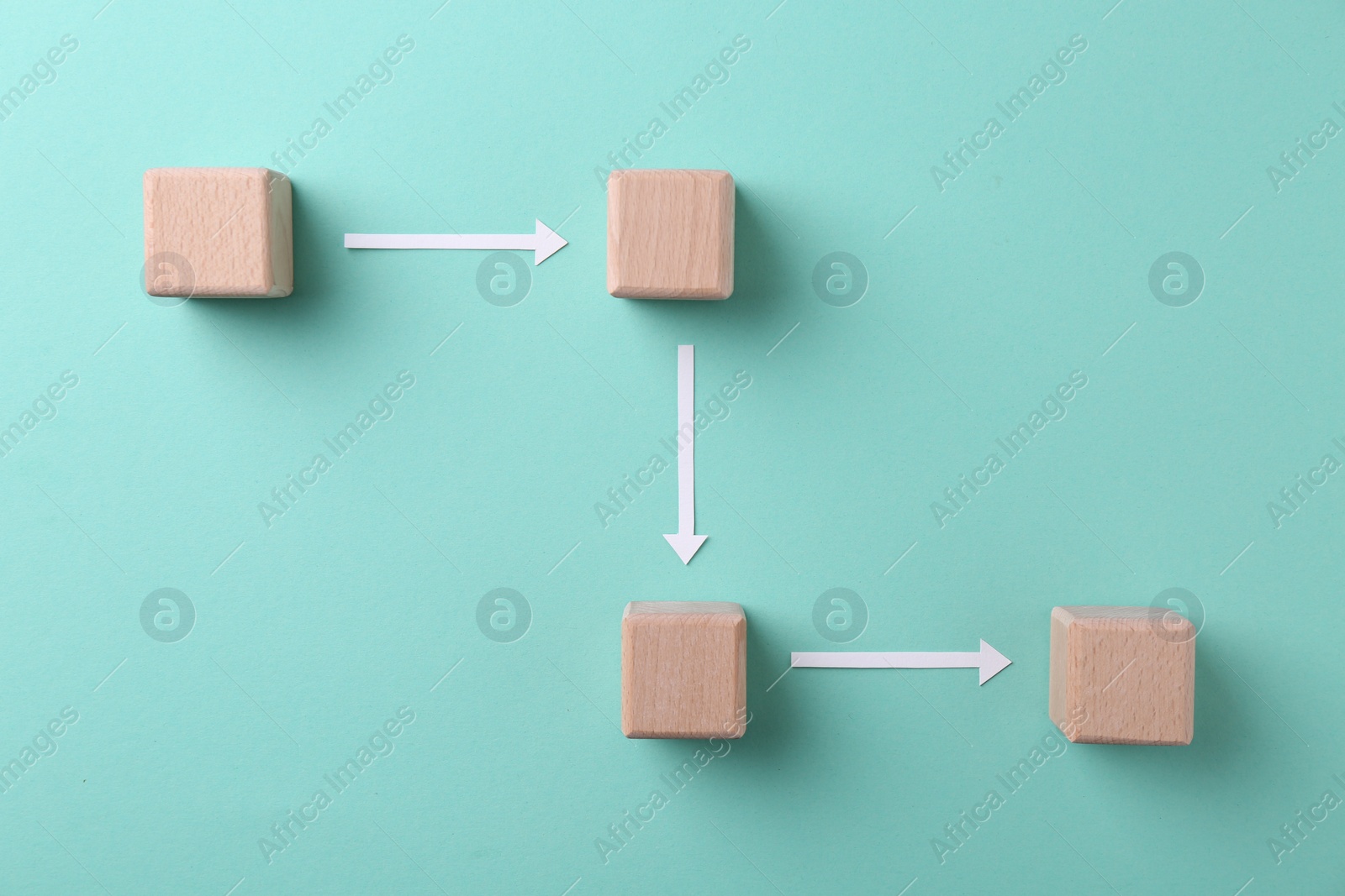 Photo of Business process organization and optimization. Scheme with wooden cubes and arrows on turquoise background, top view
