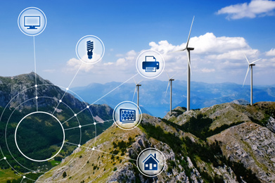 Image of Alternative energy source. Wind turbines outdoors and scheme