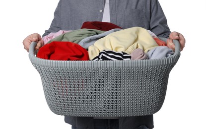 Photo of Man with basket full of laundry on white background, closeup