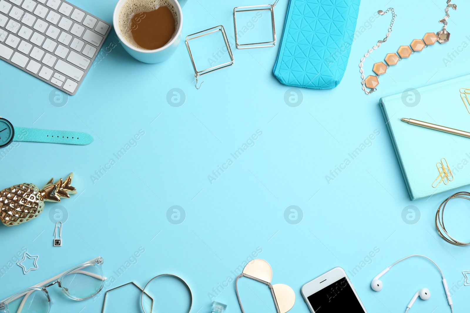 Photo of Flat lay composition with coffee, keyboard, accessories and space for text on color background. Fashion blogger