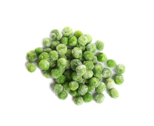 Photo of Pile of frozen peas isolated on white, top view. Vegetable preservation