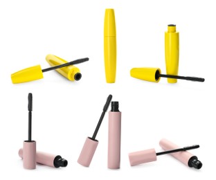 Image of Set with different mascaras on white background