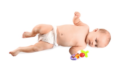 Cute little baby with toy on white background, top view