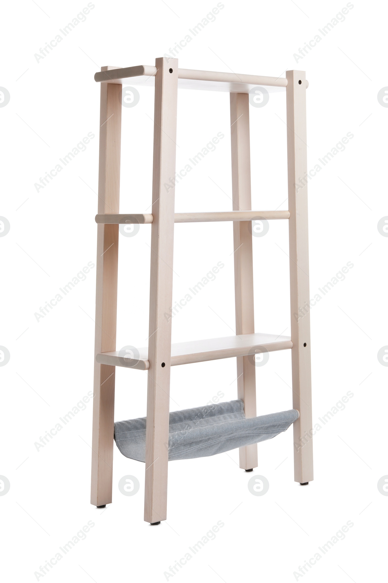 Photo of Empty wooden shelving unit isolated on white