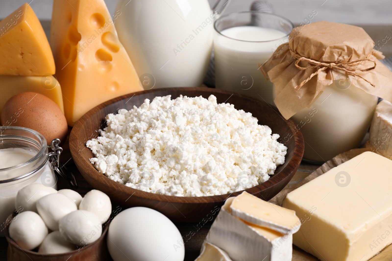 Photo of Different delicious dairy products on table, closeup