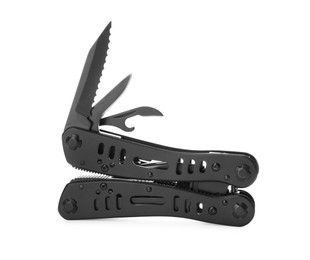 Photo of Compact portable multitool with black handles isolated on white