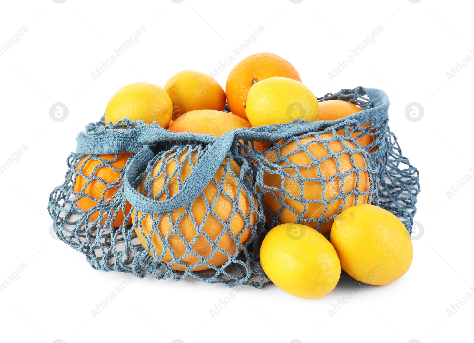 Photo of String bag with oranges and lemons isolated on white