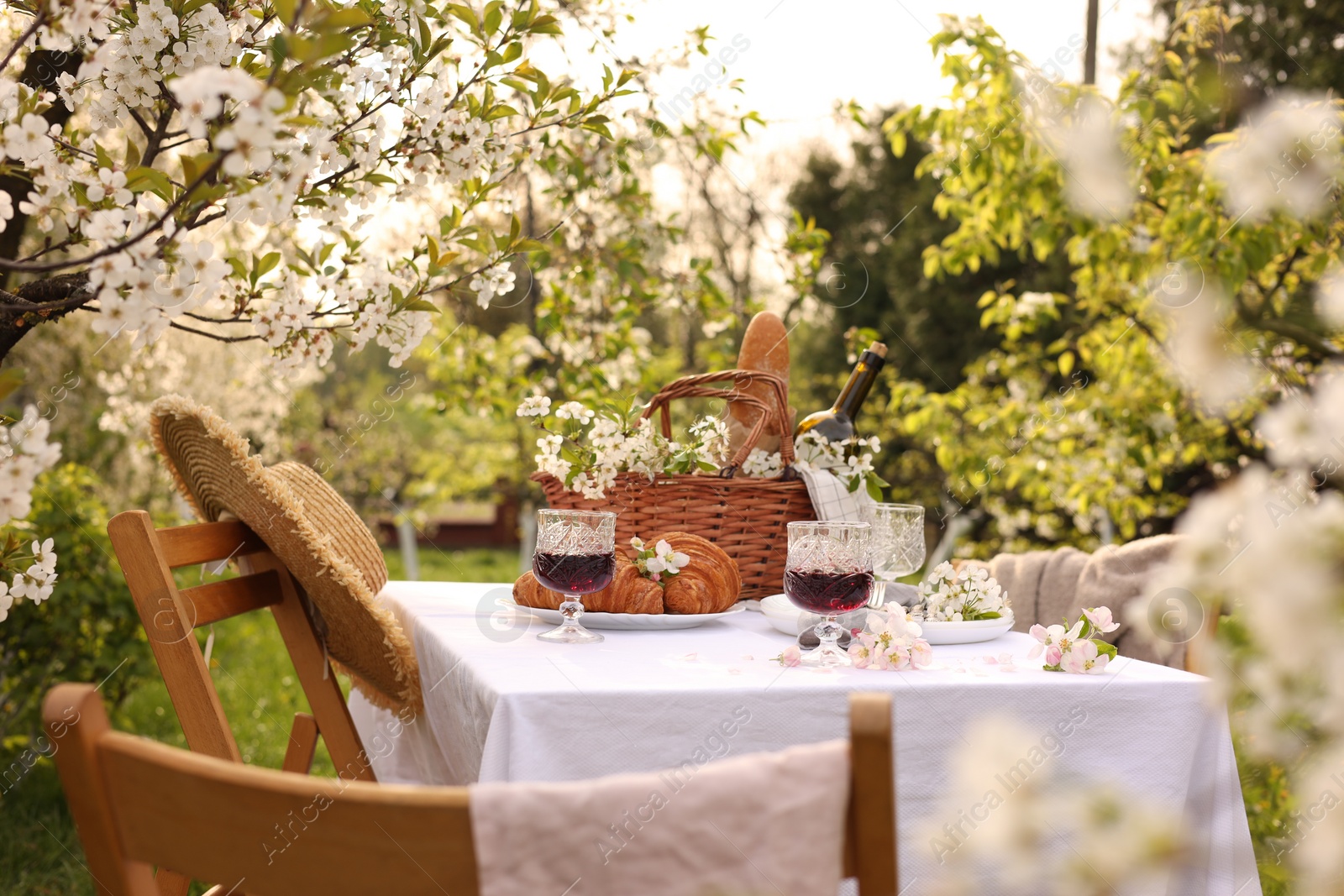 Photo of Stylish table setting with beautiful spring flowers, wine and croissants in garden