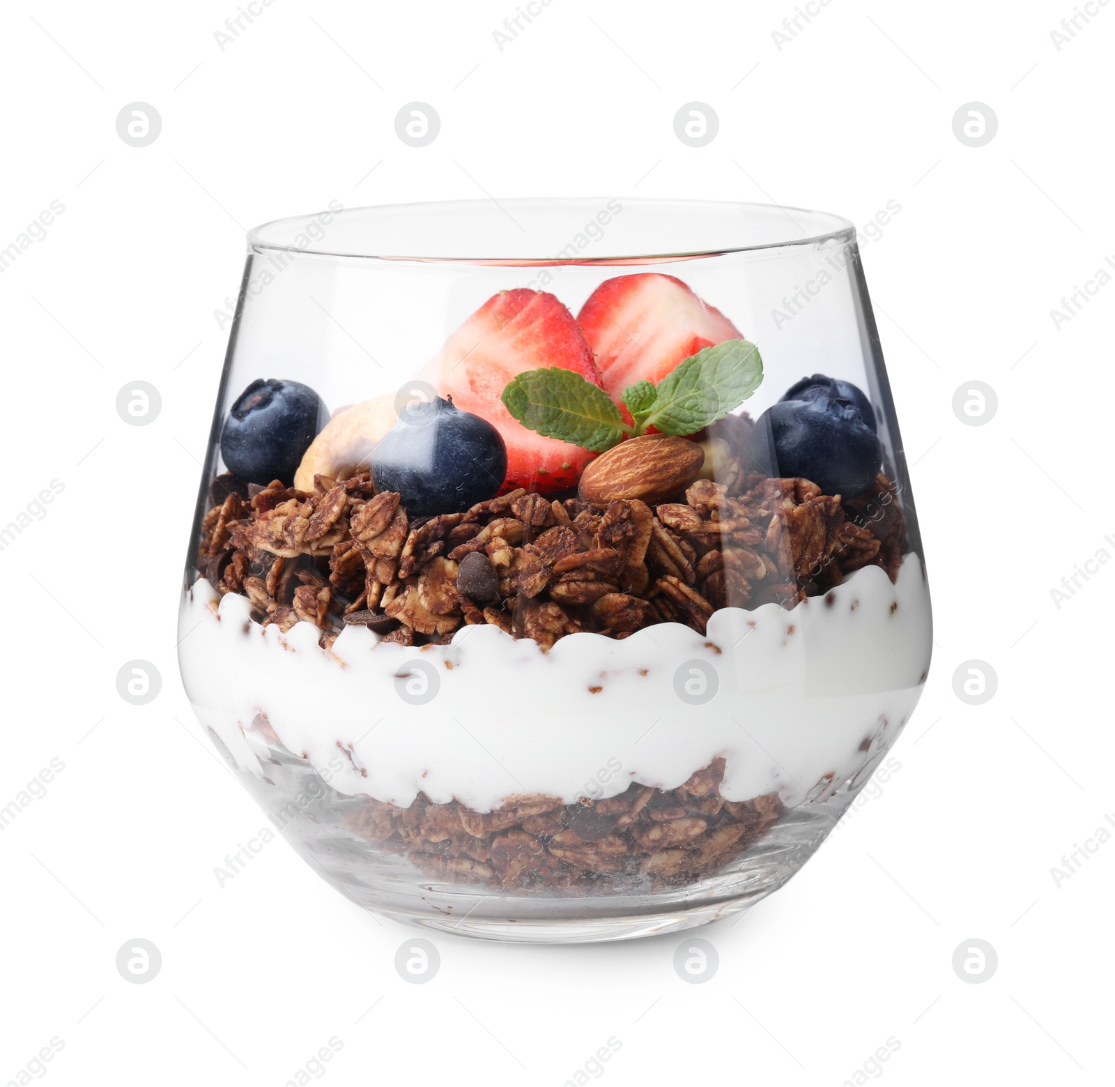 Photo of Tasty granola with berries, nuts and yogurt in glass isolated on white