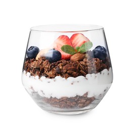 Photo of Tasty granola with berries, nuts and yogurt in glass isolated on white