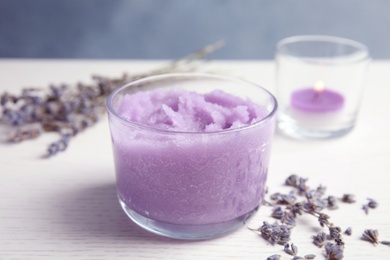 Composition with lavender flowers and natural cosmetic on table