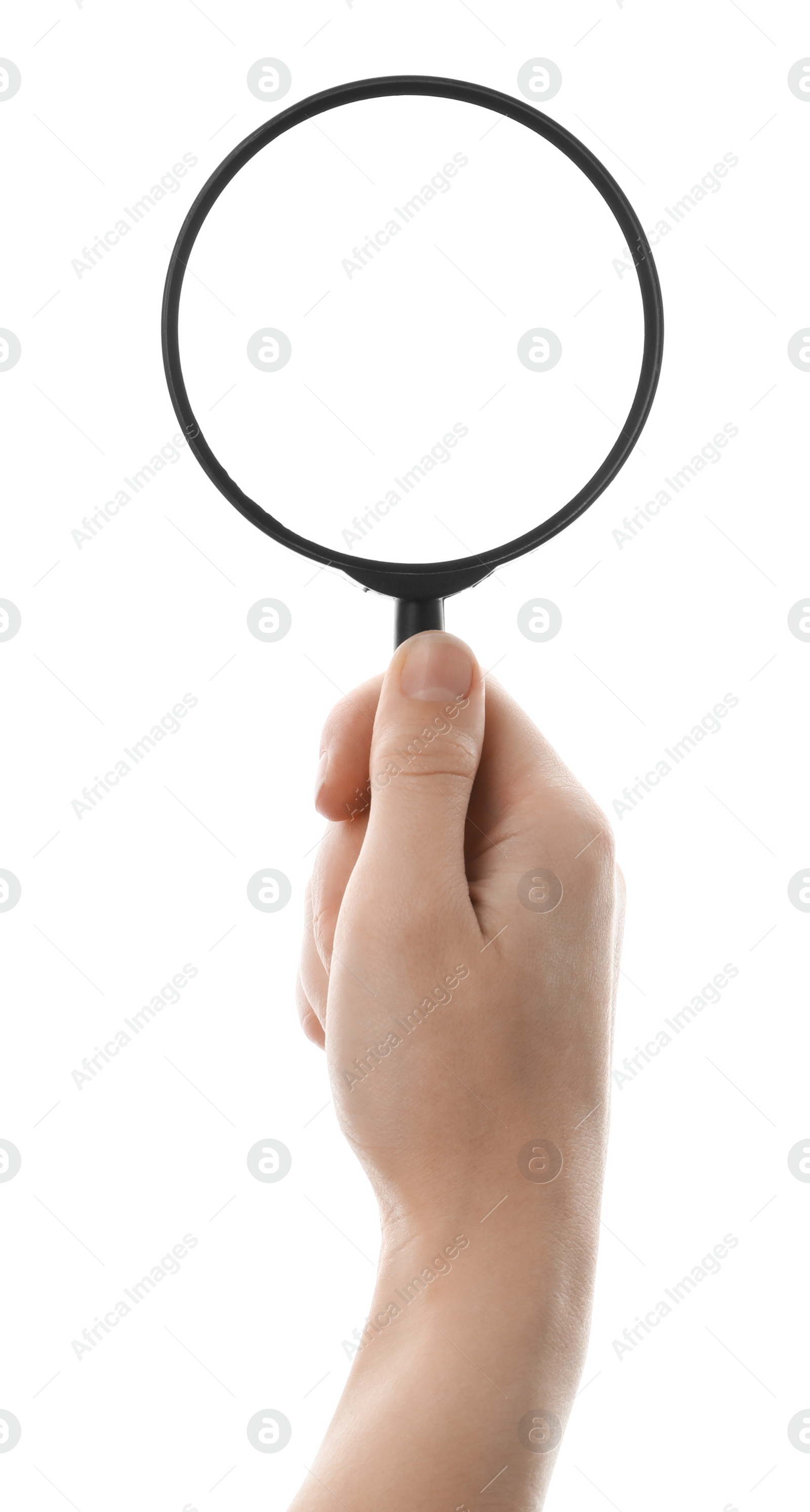 Photo of Woman holding magnifying glass on white background, closeup. Find keywords concept